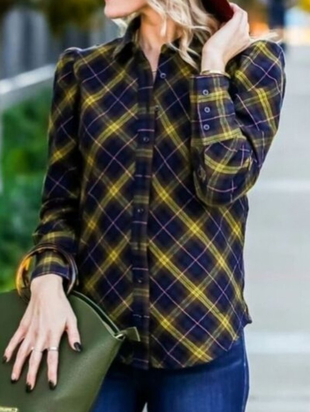 The Shirt By Rochelle Behrens Plaid Flannel Puff Shoulder In Blue And Yellow Med